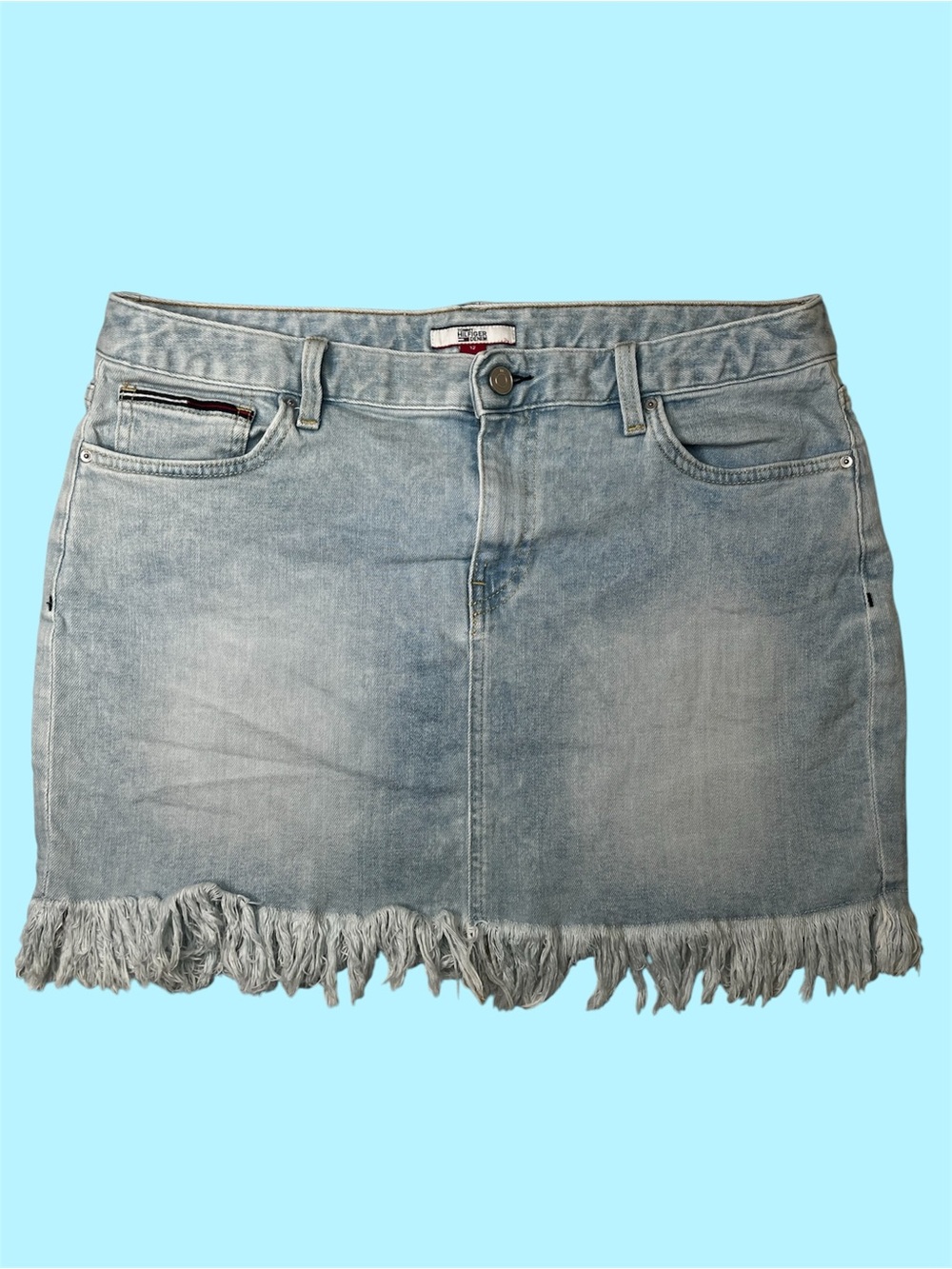 Tommy Hilfiger Light Wash Denim Mini Skirt with Fringe Hem